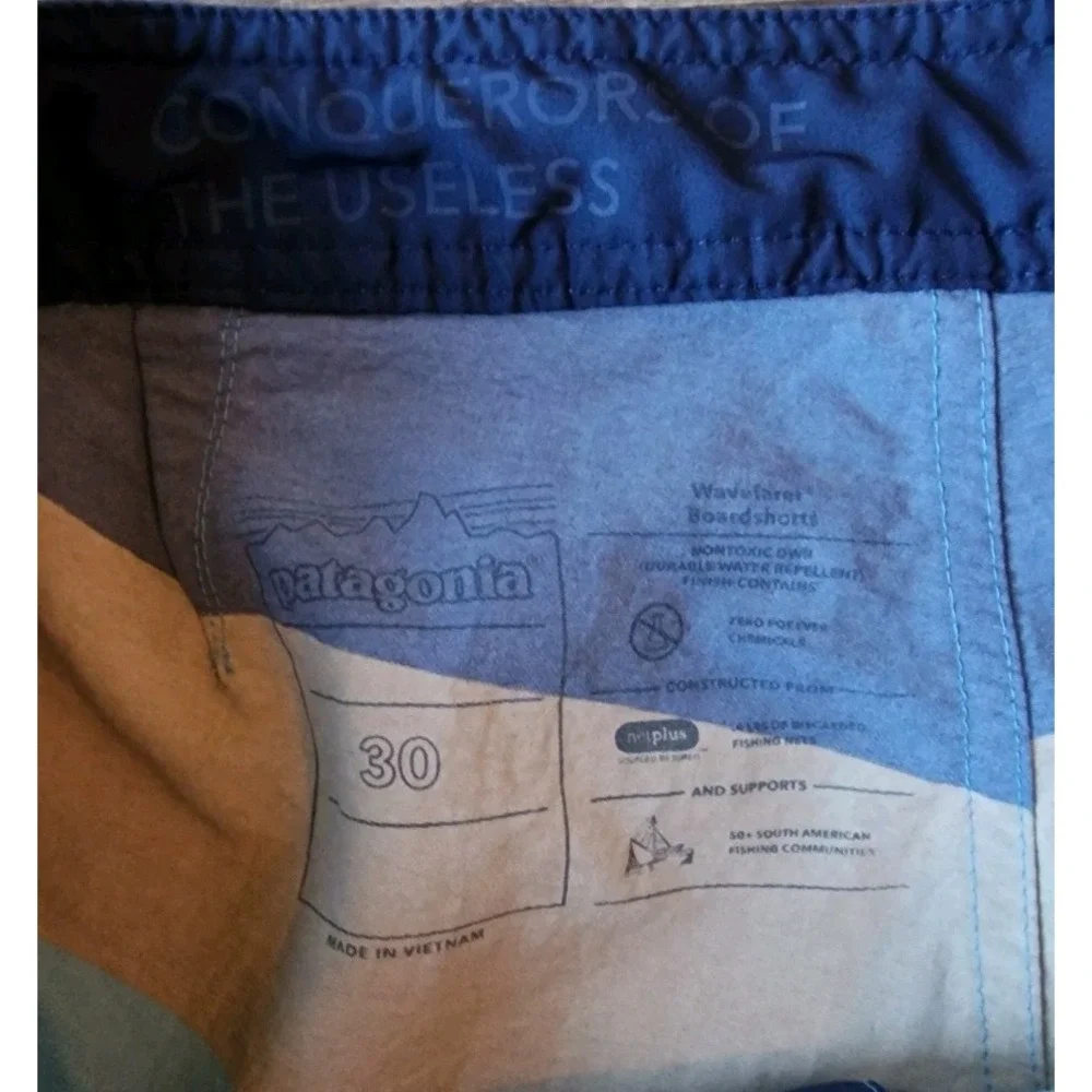 PATAGONIA WAVEFARER BOARD SHORTS MENS SIZE 30 19" STRIPED BLUE BROWN SWIM TRUNKS - Picture 7 of 7